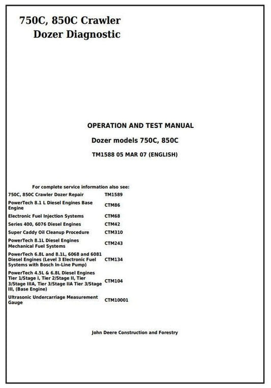 PDF John Deere 750C, 850C Crawler Dozer Diagnostic and Test Service Manual TM1588