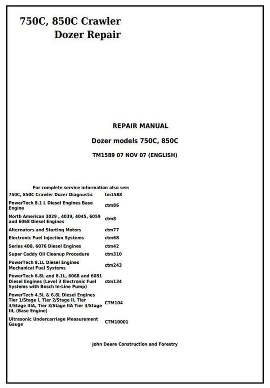 PDF John Deere 750C, 850C Crawler Dozer Technical Service Repair Manual TM1589