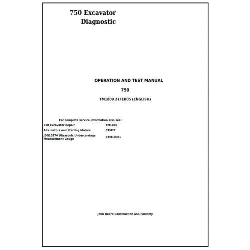 PDF John Deere 750 Excavator Diagnostic, Operation and Test Service Manual TM1809