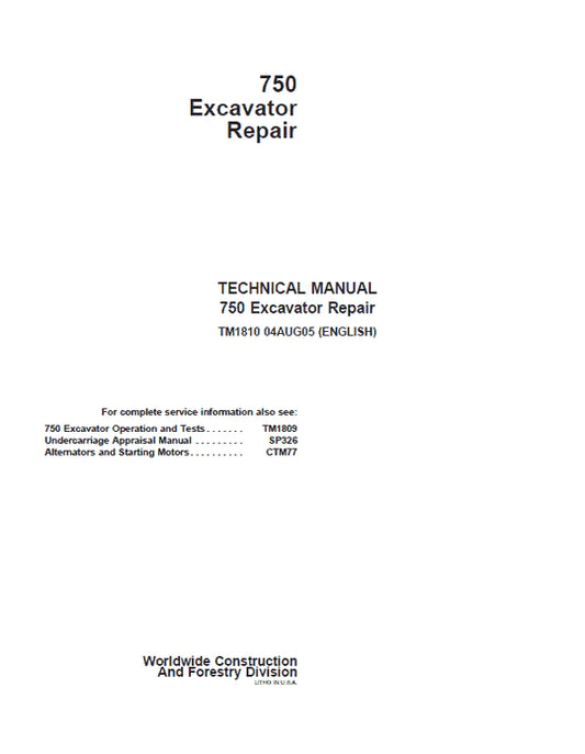 PDF John Deere 750 Excavator Technical Service Repair Manual TM1810