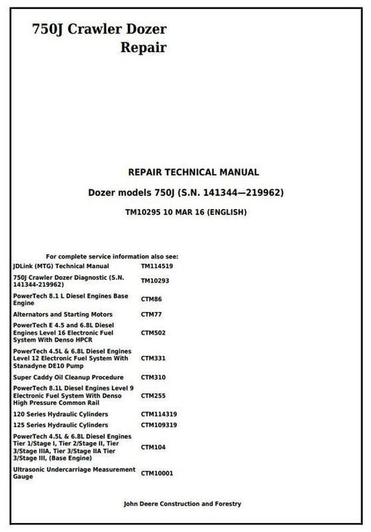 PDF John Deere 750J Crawler Dozer Technical Service Manual TM10295