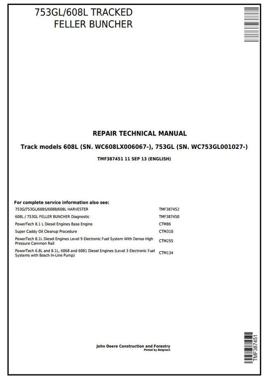 PDF John Deere 753GL, 608L Timberjack Feller Buncher Harvester Service Manual TMF387451