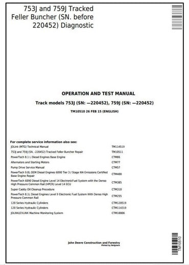PDF John Deere 753J 759J Tracked Feller Buncher Diagnostic & Test Service Manual TM10510