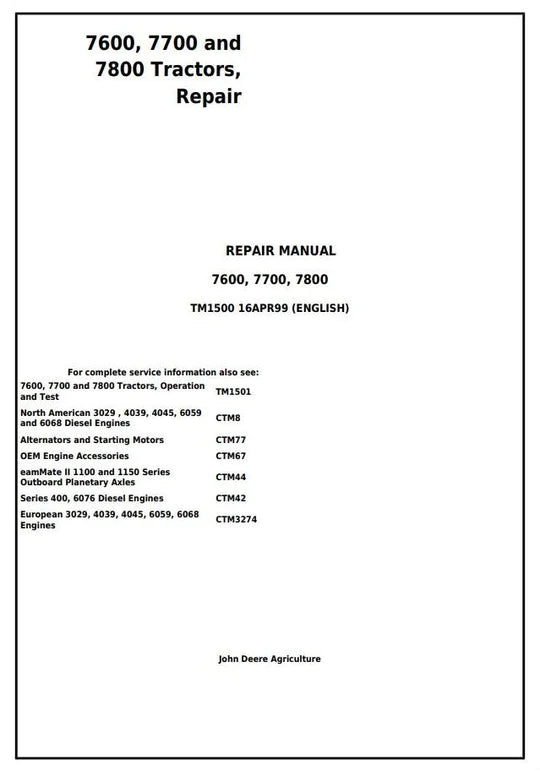 PDF John Deere 7600 7700 7800 2WD or MFWD Tractor Repair Service Manual TM1500