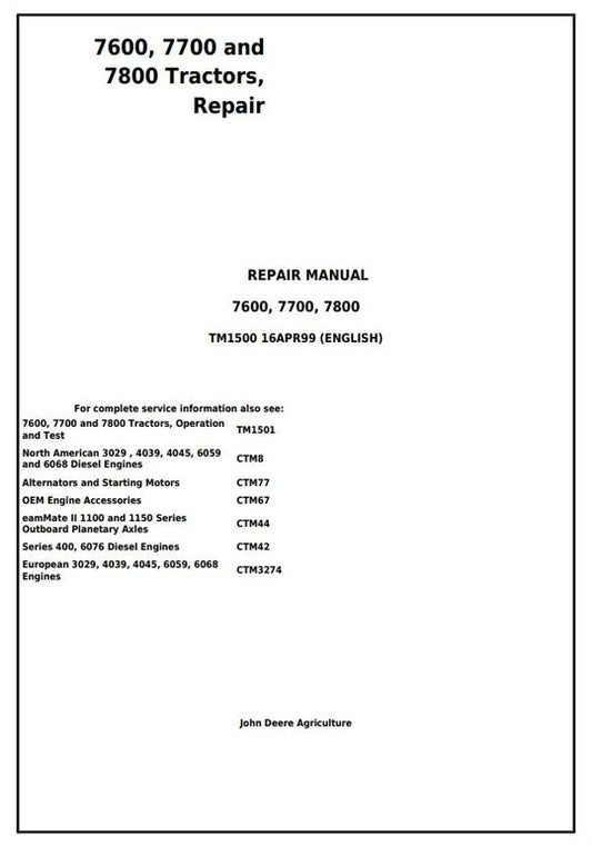 PDF John Deere 7600 7700 7800 2WD or MFWD Tractor Repair Service Manual TM1500