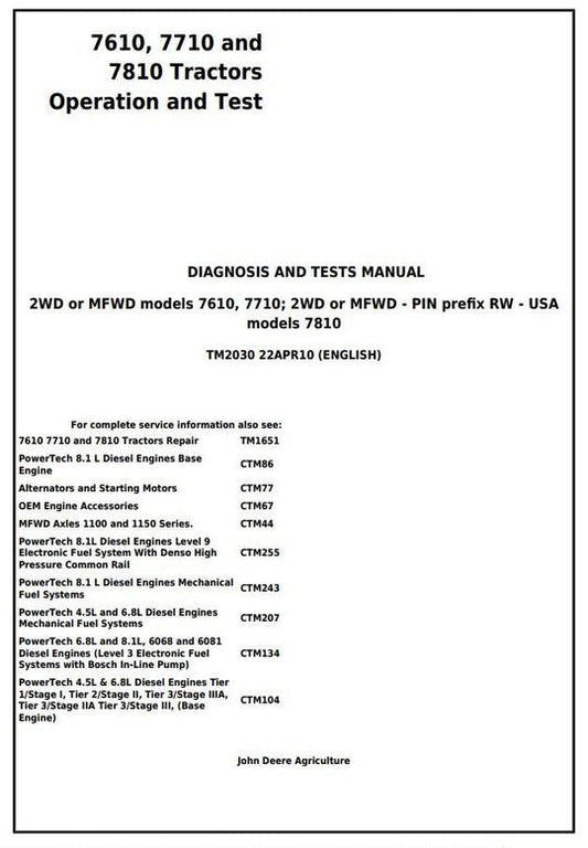 PDF John Deere 7610 7710 7810 USA Tractor Diagnosis and Test Service Manual TM2030