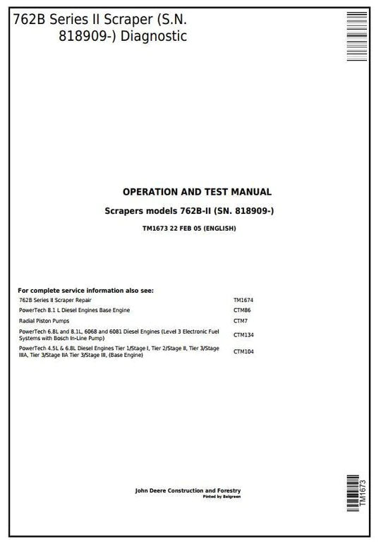 PDF John Deere 762B Series II Scraper Diagnostic & Test Service manual TM1673