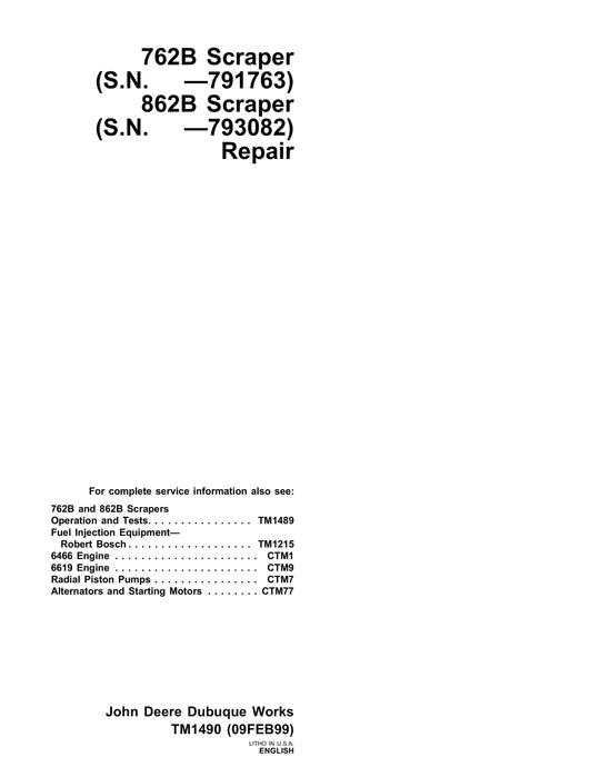 PDF John Deere 762B, 862B Scraper Service Manual TM1490