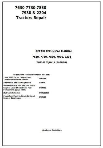 PDF John Deere 7630 7730 7830 7930 2204 2WD or MFWD Tractor Technical Service Repair Manual TM2266