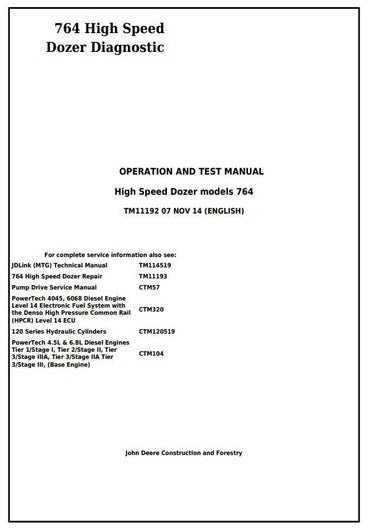 PDF John Deere 764 High Speed Crawler Dozer Diagnostic and Test Service Manual TM11192