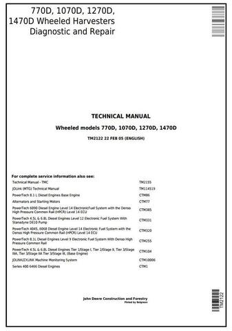 PDF John Deere 770D, 1070D, 1270D, 1470D Timberjack Harvester Repair Service Manual TM2122