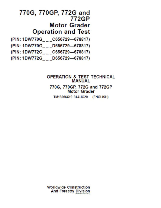 PDF John Deere 770G, 770GP, 772G, 772GP Grader Diagnostic, Operation and Test Service Manual TM13066X19 
