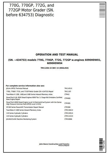 PDF John Deere 770G, 770GP, 772G, 772GP Motor Grader Diagnostic & Test Service Manual TM11206