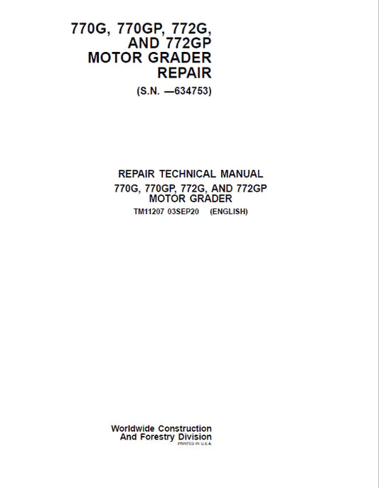 PDF John Deere 770G, 770GP, 772G, 772GP Motor Grader Service Manual TM11207