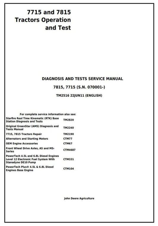 PDF John Deere 7715 7815 Tractor Diagnostic Operation and Test Service Manual TM2516 