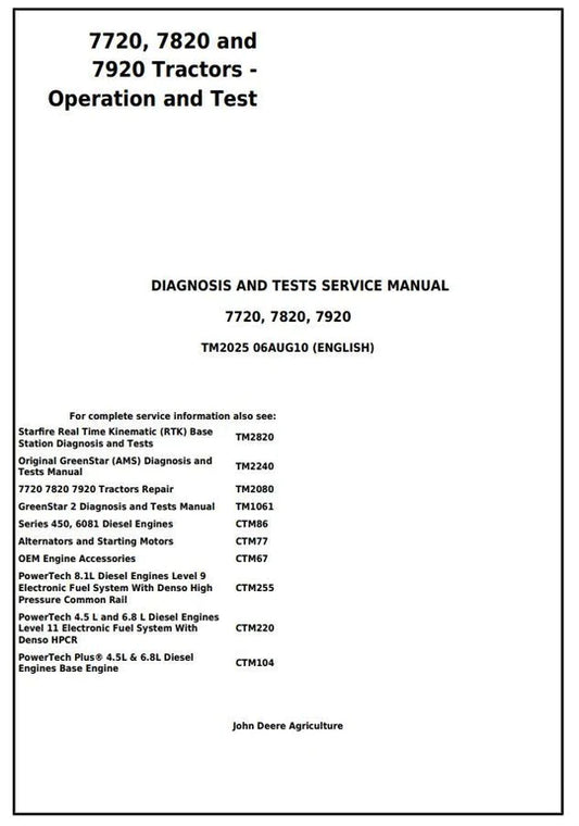 PDF John Deere 7720 7820 7920 Tractor Diagnostic and Test Service Manual TM2025