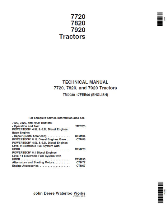 PDF John Deere 7720 7820 7920 Tractor Service Technical Manual TM2080