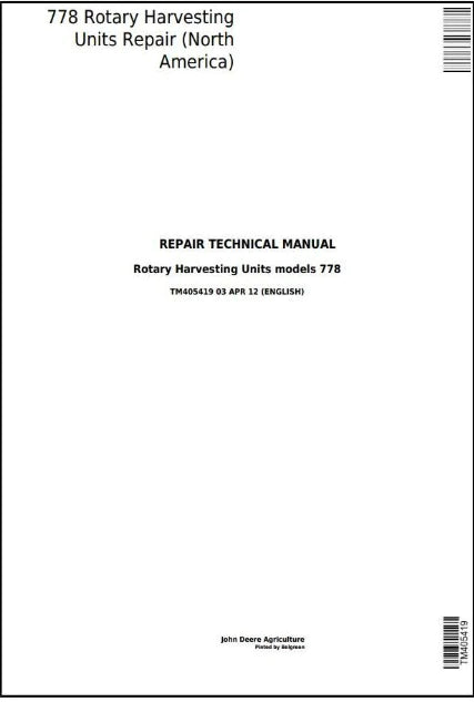 PDF John Deere 778 Rotary Hay and Forage Harvesting Units Service Manual TM405419