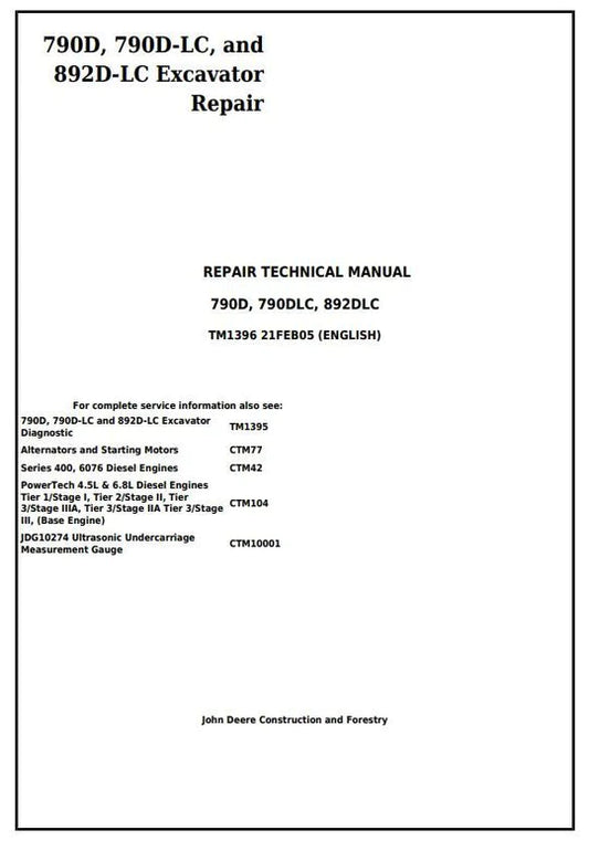 PDF John Deere 790D, 790D-LC, 892D-LC Excavator Technical Service Repair Manual TM1396