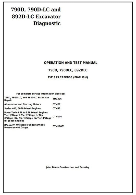 PDF John Deere 790D, 790DLC, 892DLC Excavator Diagnostic, Operation and Test Service Manual TM1395