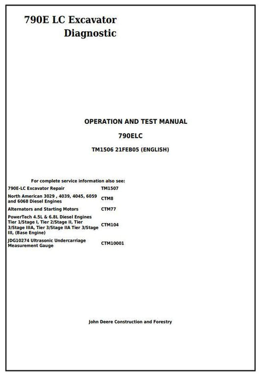 PDF John Deere 790E LC Excavator Diagnostic, Operation and Test Service Manual TM1506