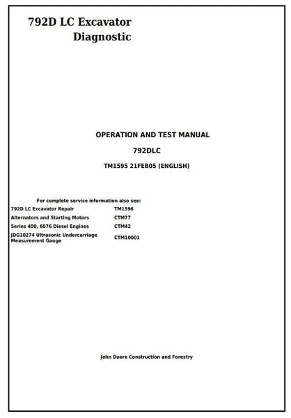 PDF John Deere 792D LC Excavator Diagnostic, Operation and Test Service Manual TM1595