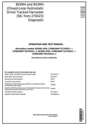 PDF John Deere 803MH, 853MH Harvester Diagnostic and Test Service Manual TM13150X19