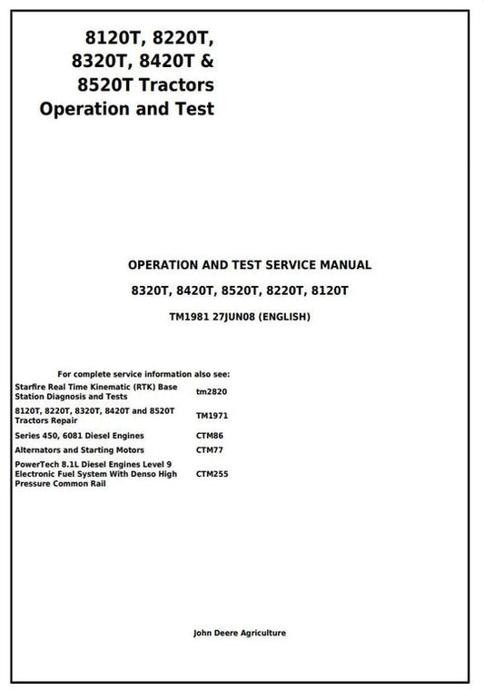 PDF John Deere 8120T 8220T 8320T 8420T 8520T Tracks Tractor Diagnostic, Operation & Test Service Manual TM1981 