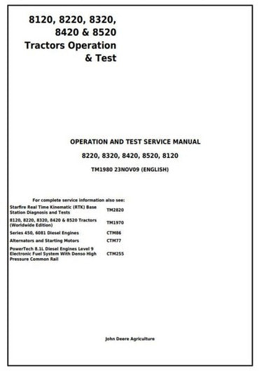 PDF John Deere 8120, 8220, 8320, 8420, 8520 Tractor Diagnostic and Test Manual TM1980