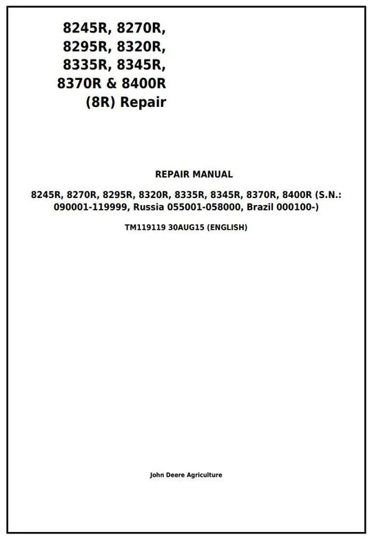 PDF John Deere 8245R 8270R 8295R 8320R 8335R 8345R 8370R 8400R Tractor Service Repair Manual TM119119