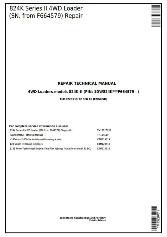 PDF John Deere 824K 4WD Series II Wheel Loader (SN. from F664579) Service Repair Manual TM13226X19