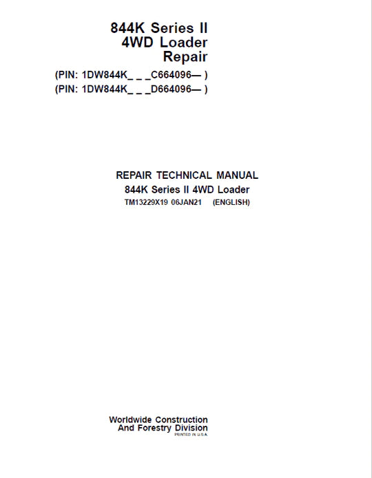 PDF John Deere 844K 4WD Series II Wheel Loader (SN. from C664096, D664096) Service Repair Manual TM13229X19 