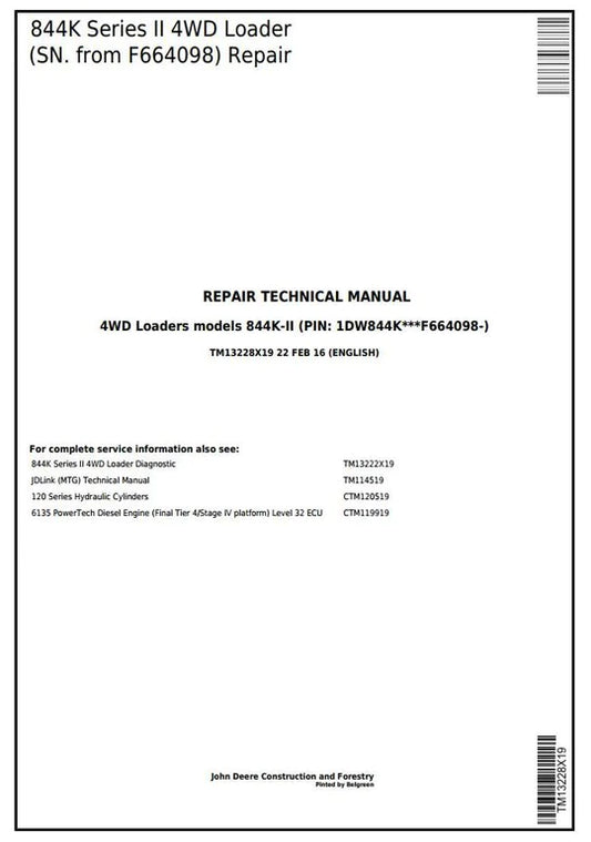 PDF John Deere 844K 4WD Series II Wheel Loader (SN. from F664098) Service Repair Manual TM13228X19 