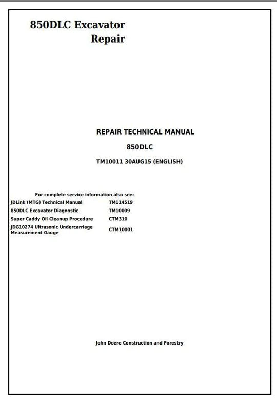 PDF John Deere 850DLC Excavator Service Manual TM10011 