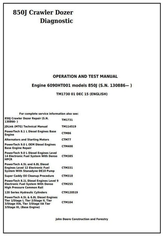 PDF John Deere 850J Crawler Dozer Diagnostic & Test Service Manual TM1730