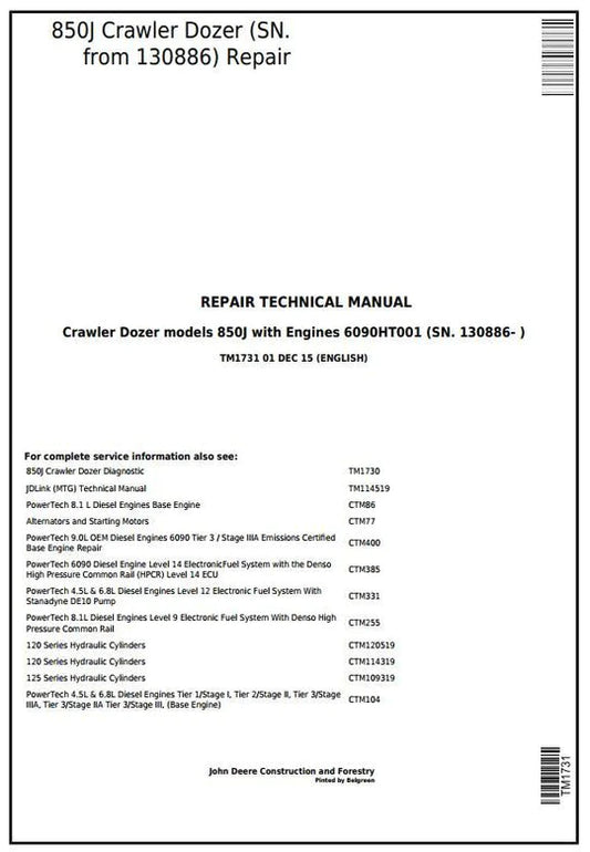 PDF John Deere 850J Dozer W. Engine 6090HT001 Service Manual TM1731 