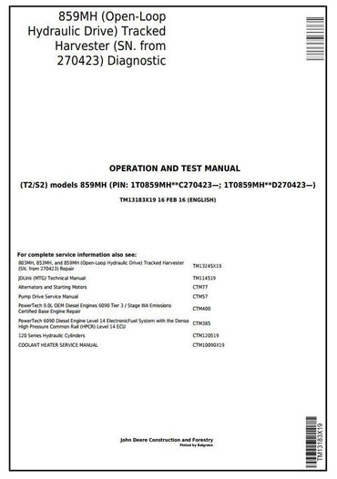 PDF John Deere 859MH Harvester Diagnostic and Test Service Manual TM13183X19