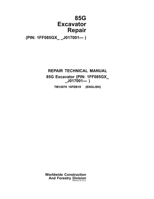 PDF John Deere 85G (FT4) Excavator Service Manual TM12870