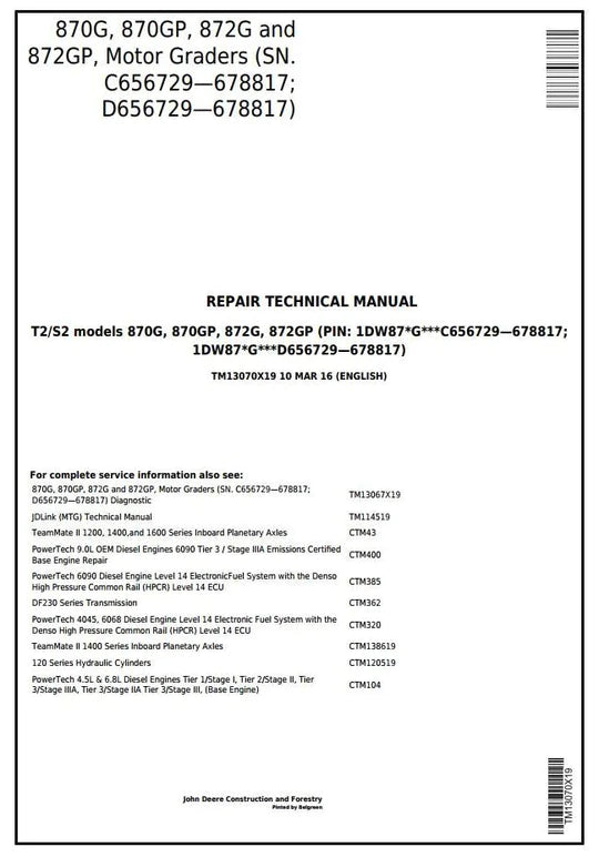 PDF John Deere 870G, 870GP, 872G, 872GP Motor Grader Service Manual TM13070X19