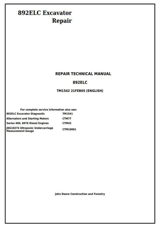 PDF John Deere 892ELC Excavator Technical Service Repair Manual TM1542