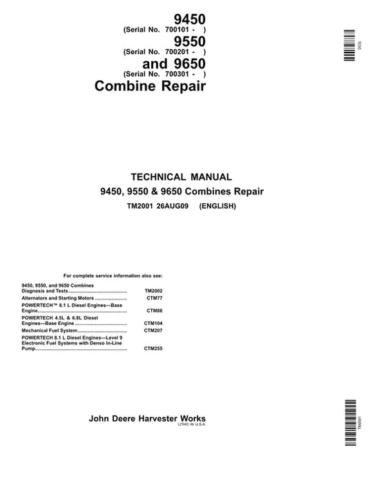 PDF John Deere 9450 9550 9650 Combine Service Manual TM2001