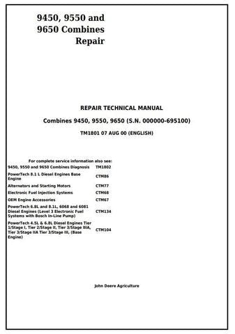 PDF John Deere 9450 9550 9650 Combine (SN. before 695100) Service Manual TM1801