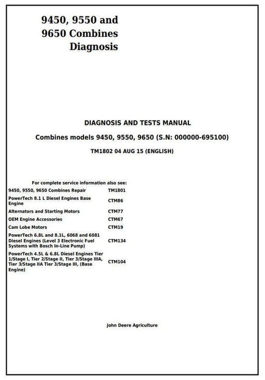 PDF John Deere 9450, 9550, 9650 Combine Diagnostic and Test Service Manual TM1802