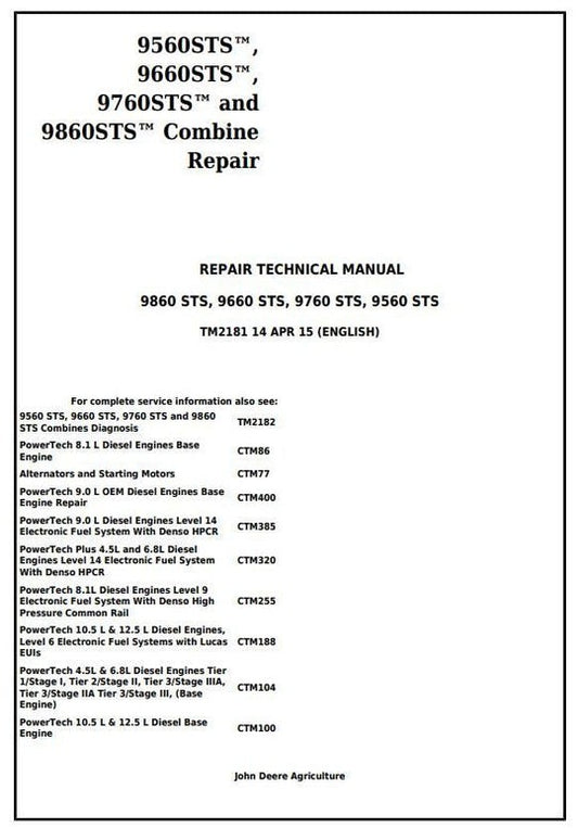 PDF John Deere 9560 STS 9660 STS 9760 STS 9860 STS Combine Repair Service Manual TM2181