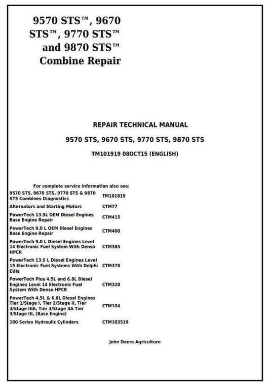 PDF John Deere 9570 STS, 9670 STS, 9770 STS and 9870 STS Combine Service Manual TM101919