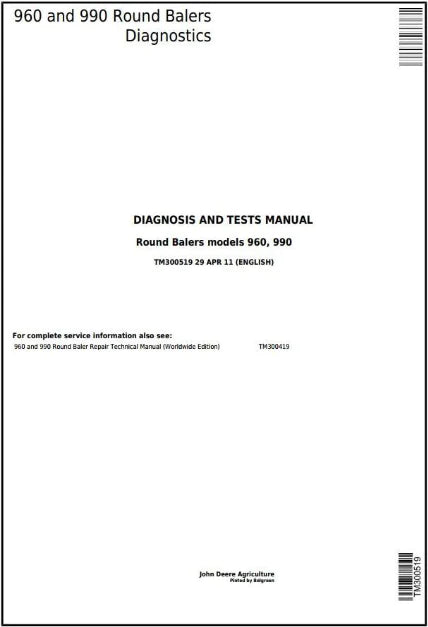 PDF John Deere 960, 990 Hay and Forage Round Baler Diagnostic and Test Service Manual TM300519