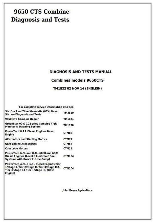 PDF John Deere 9650 CTS Combine Diagnostic and Test Service Manual TM1822