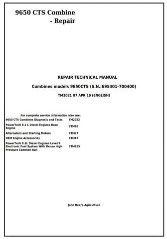 PDF John Deere 9650 CTS Combine (SN. 695401-700400) Service Manual TM2021