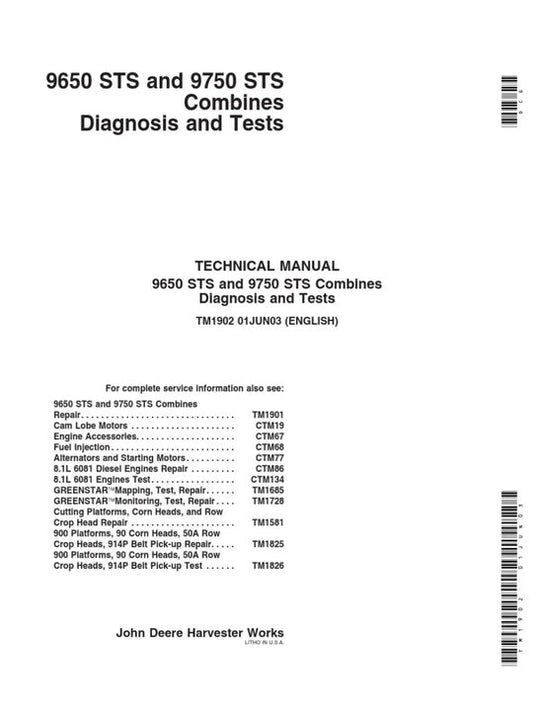PDF John Deere 9650STS 9750STS Combine Diagnostic & Test Service Manual TM1902