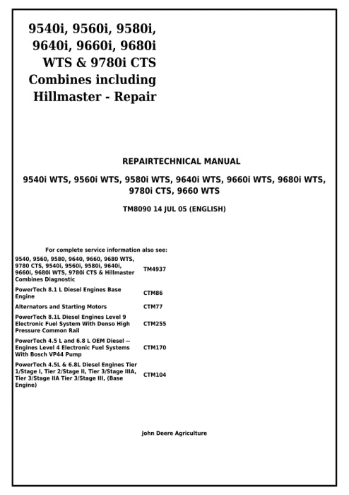 PDF John Deere 9660, 9540i, 9560i, 9580i, 9640i, 9660i, 9680i WTS, 9780i CTS Combine Service Manual TM8090